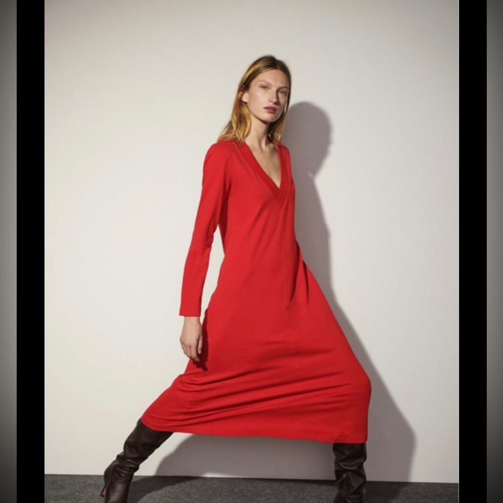 Zara Red Ribbed Knit Midi Dress Small Long Sleeve V-Neck Bodycon Minimalist - Picture 9 of 10